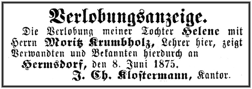 1875-06-08 Hdf Verlobung Krumbholz Klostermann
